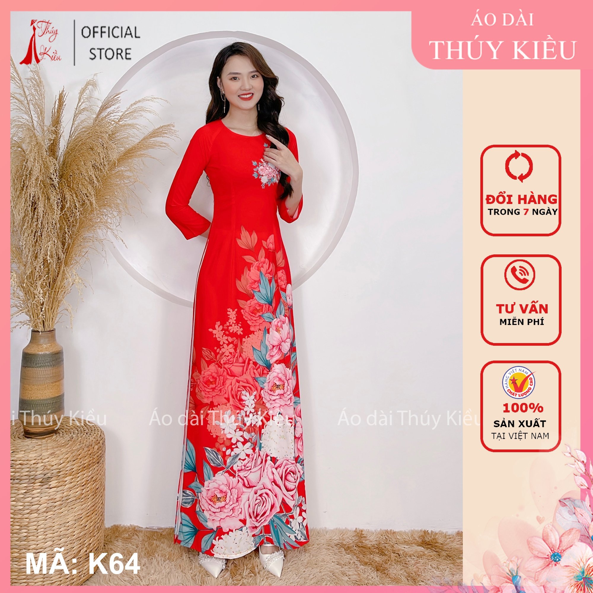 K64 Áo dài nữ Thuý Kiều may sẵn thiết kế nữ truyền thống đẹp cách tân tết đỏ mềm mại, co giãn, áo dài giá rẻ