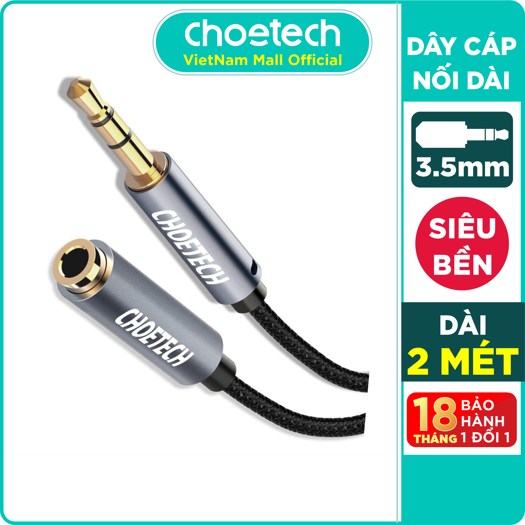 Dây cáp nối dài ân thanh 3.5mm dài 2m choetech aux001-bk - hàng chính hãng