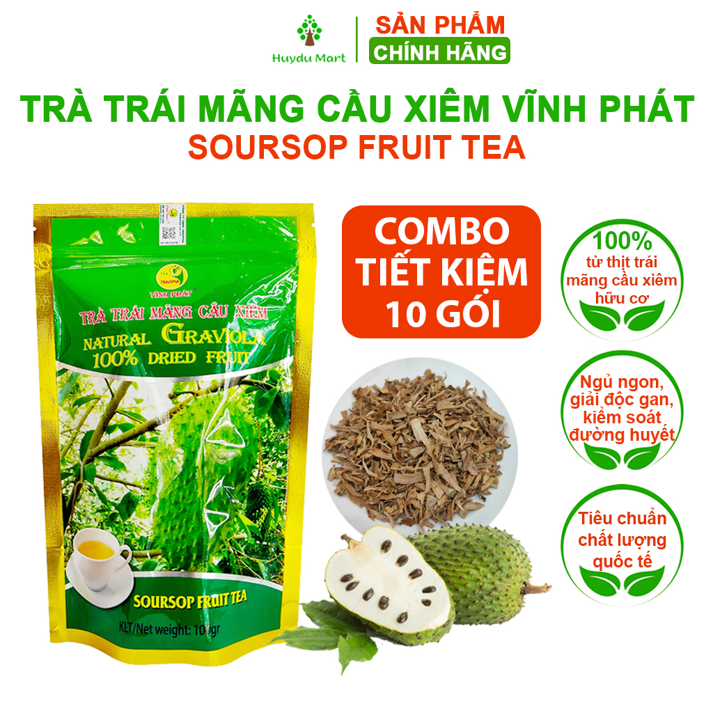 Trà mãng cầu xiêm Vĩnh Phát 100% từ trái mãng cầu xiêm hữu cơ giúp thanh lọc cơ thể, ngủ ngon, tốt cho người cao huyết áp và tiểu đường