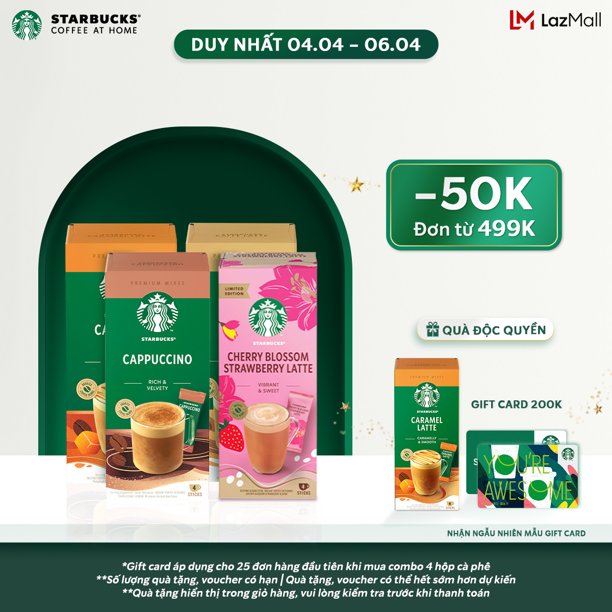 COMBO 4 Cà phê hòa tan cao cấp Starbucks Cappuccino Hộp 4 gói x 14g +