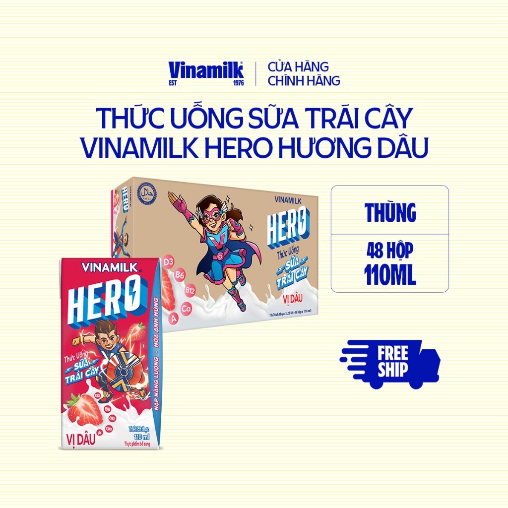 Thùng Thức uống Sữa trái cây Hero Vị Dâu 110ml - 48 hộp/Thùng