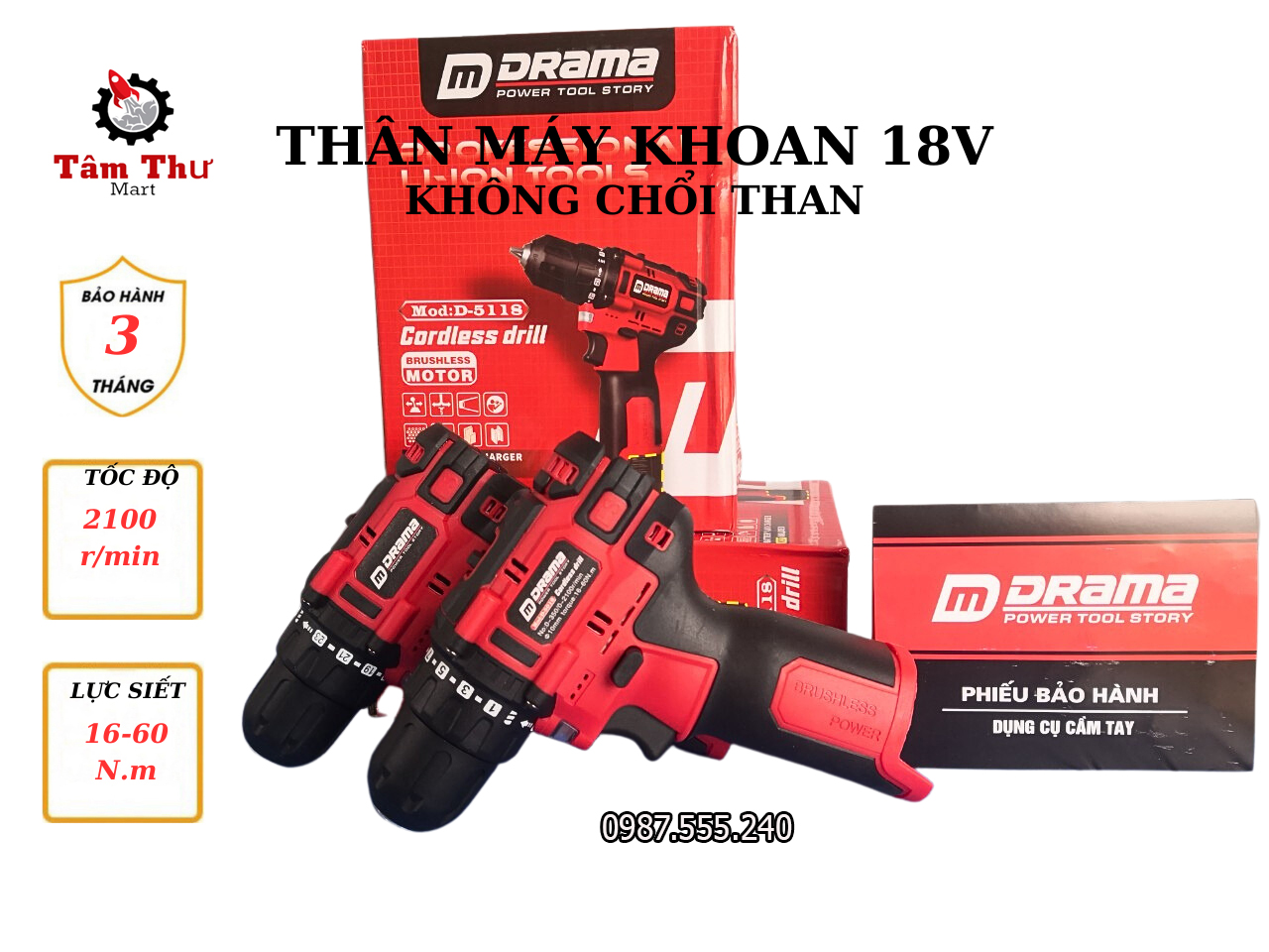  Thân Máy khoan dùng pin 4 cell DRAMA 18v Không Chổi Than 