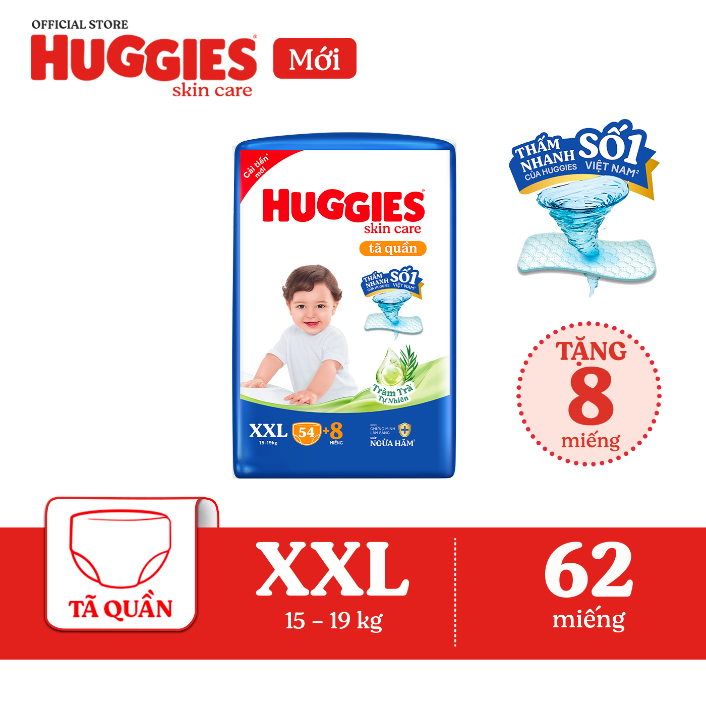 Tã/bỉm quần huggies skincare gói super jumbo size xxl54+8 miếng