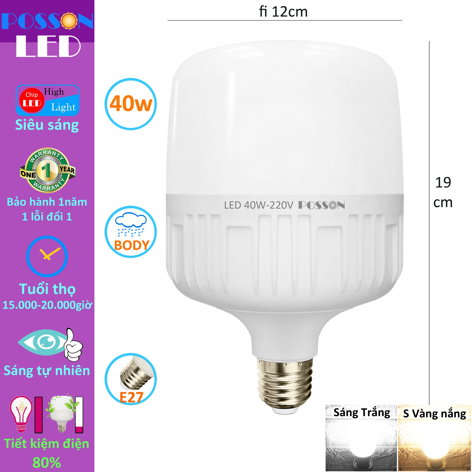 10 Bóng đèn Led trụ 40w bup trụ T120 bulb siêu sáng tiết kiệm điện kín chống nước mưa Posson LC-40x