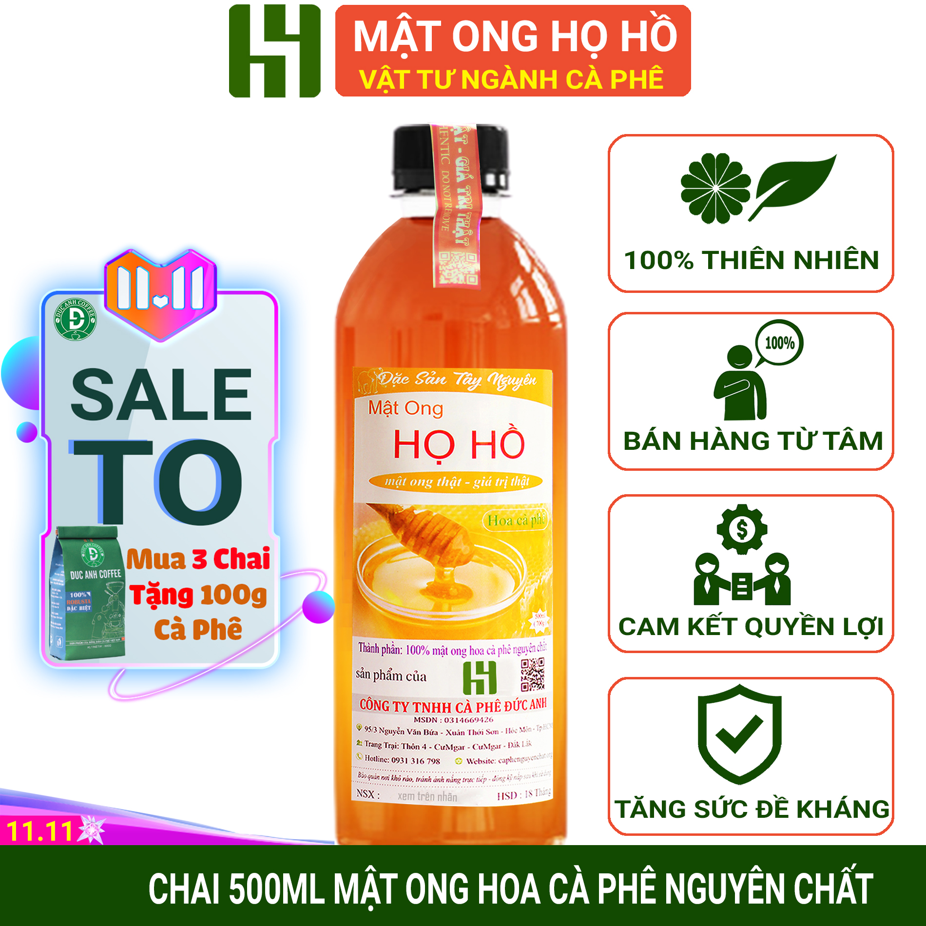 Chai mật ong nguyên chất hoa cà phê 700gr tương đương 500ml - MẬT THẬT - GIÁ TRỊ THẬT Mật ong HỌ HỒ thuộc công ty TNHH cà phê ĐỨC ANH