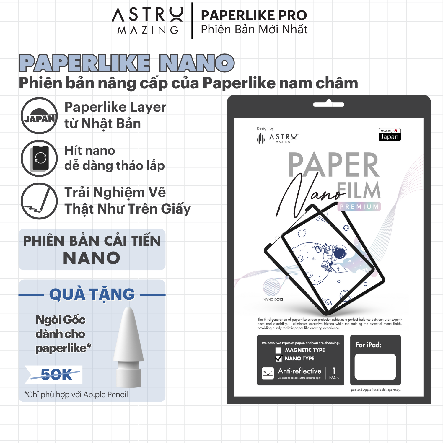 [Paperlike Nano] Miếng dán AstroMazing Paperlike iPad tháo rời dành cho Pro 11 12.9 Air 4 5 Gen 7 8 9 10
