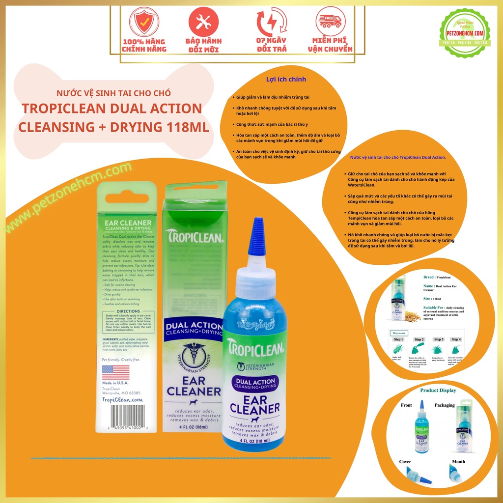 Nước vệ sinh tai cho chó TropiClean Dual Action - 118ml