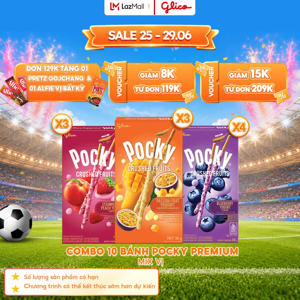 Combo 10 Hộp Bánh Que Pocky Premium Trái Cây Nghiền Sữa Chua Mix Vị (4 Việt Quất - 3 Dâu Đào - 3 Chanh Dây Xoài) 38g/Hộp