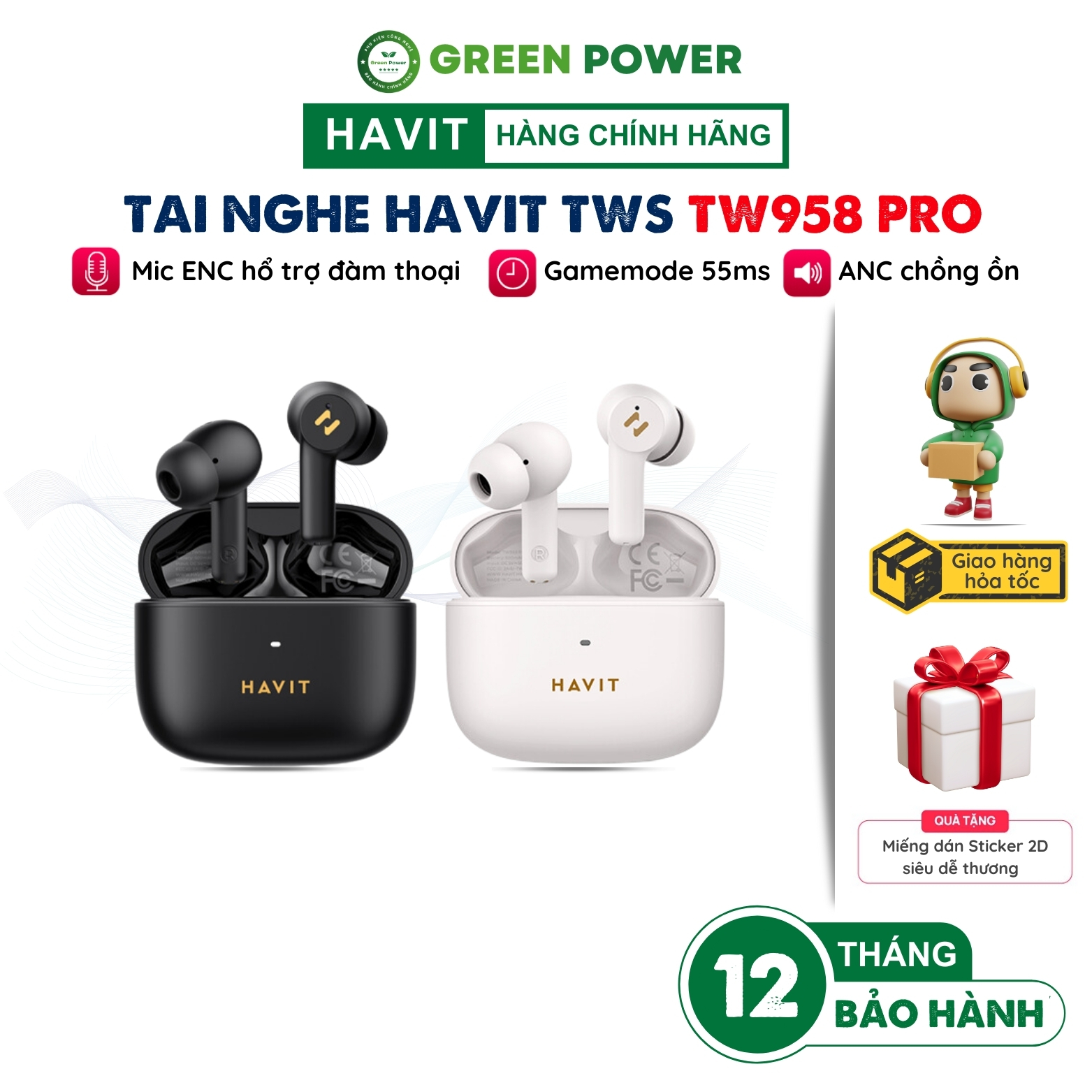 Tai Nghe TWS HAVIT TW958 Pro, BT 5.3, 2 Mic ENC + ANC, Kháng Nước IPX 5, Độ Trễ 55ms, Nghe Đến 32 Giờ - Hàng Chính Hãng