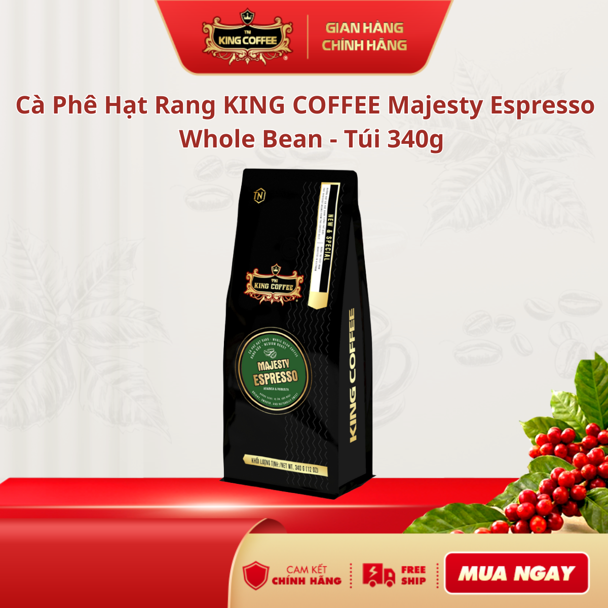 Cà phê hạt rang King Coffee Majesty Espresso whole bean coffee - Túi 340g