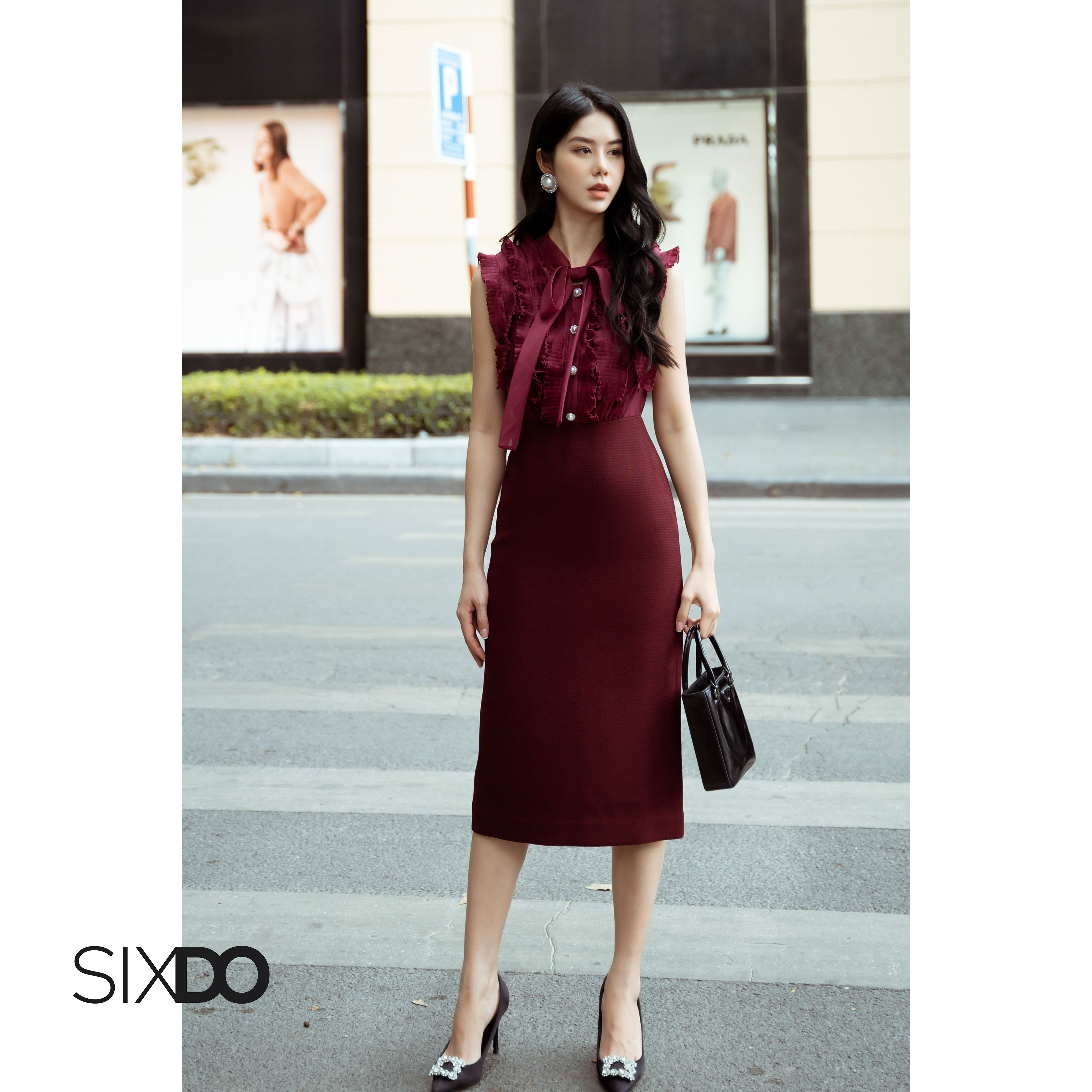Đầm bút chì phối bèo SIXDO (Plum Midi Raw Dress)