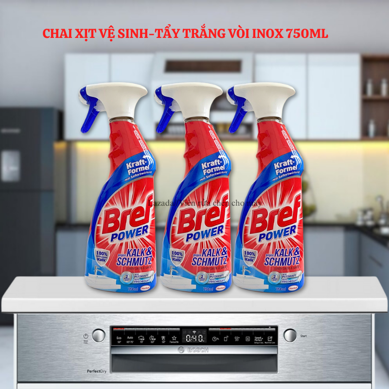 Chai xịt vệ sinh tẩy cặn vôi, canxi inox, vòi hoa sen, vách kính Bref Power lọ 750ml