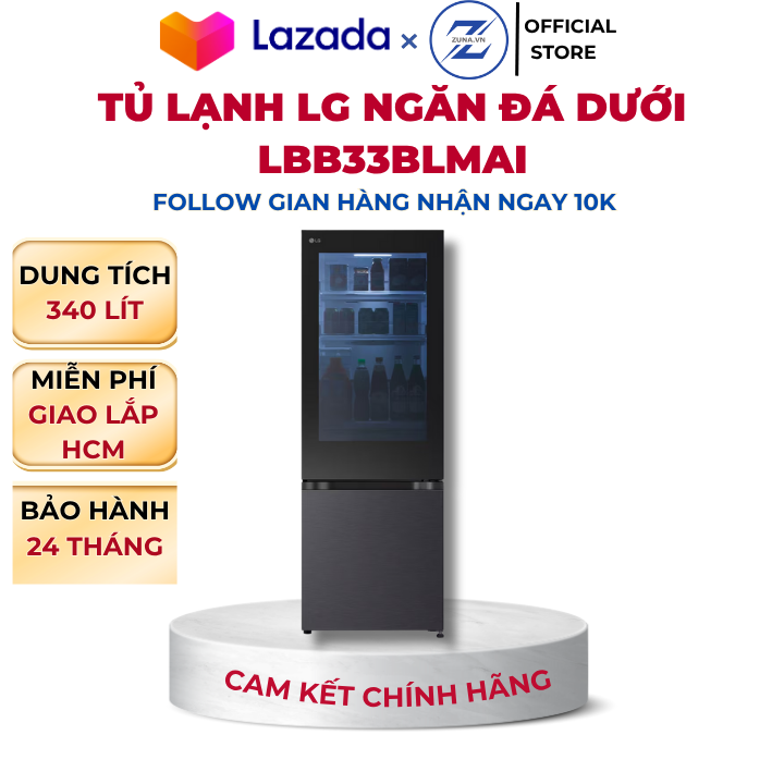 Tủ lạnh ngăn đá dưới LG Inverter LBB33BLMAI 340 lít - Bảo hành chính hãng 24 tháng