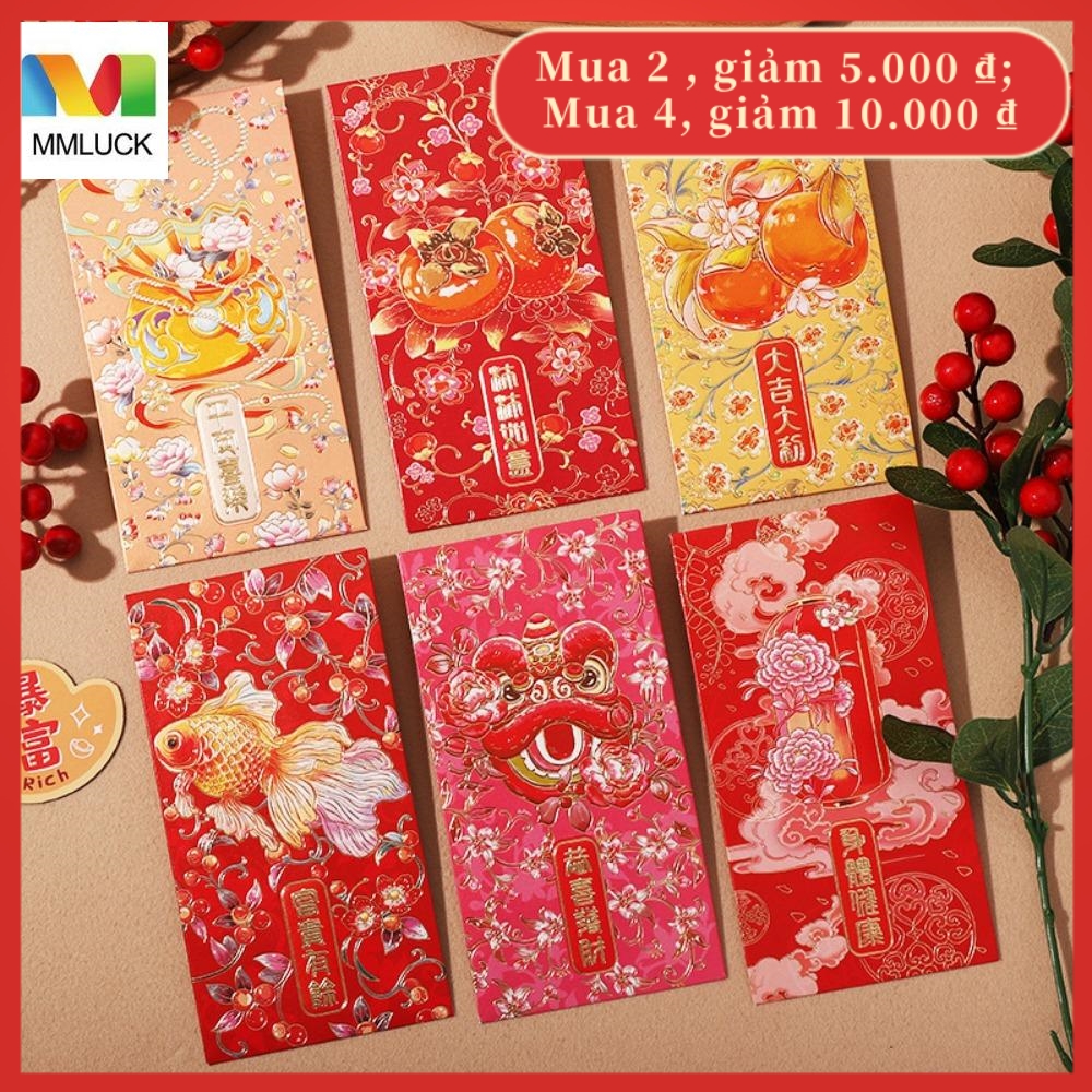  bao lì xì tết 2026 MMLUCK 6pcs Dập nóng Phong bì Đỏ năm mới của Trung Quốc Họa tiết hỗn hợp Hình chữ nhật Túi màu đỏ Hộ gia đình Dày Túi đựng tiền may mắn 2026 