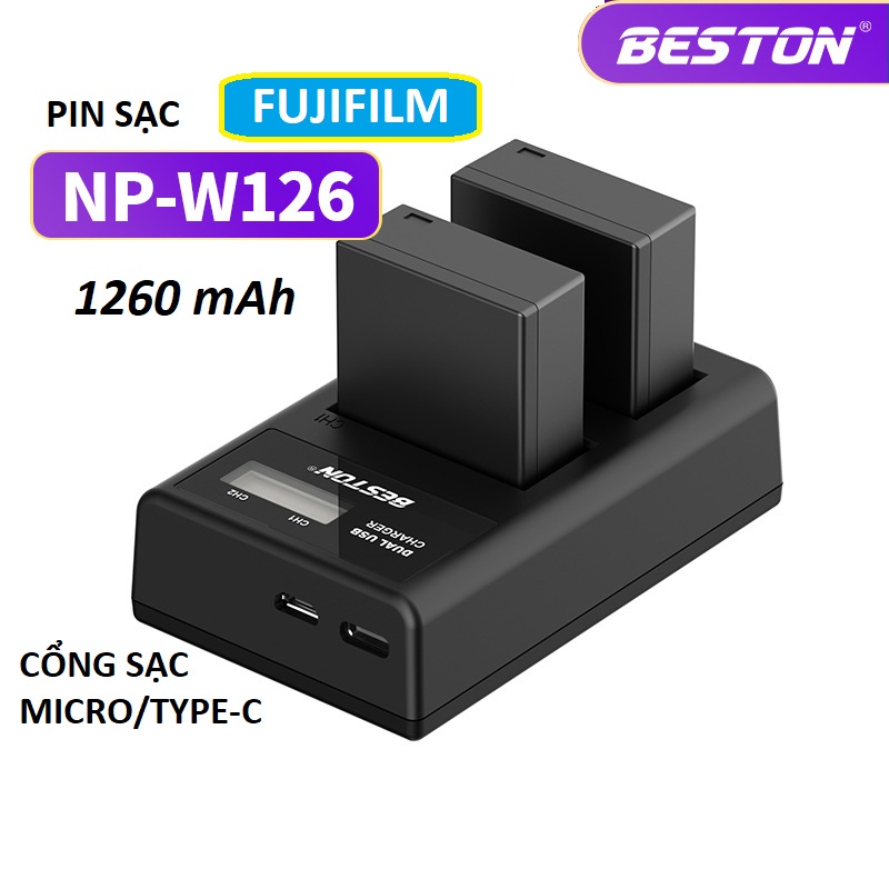 Pin Sạc NP-W126 1260mAh, Bộ Sạc Đôi BESTON Dùng Cho Máy Ảnh Fujifilm X-T20 X-T10 X-T100 X100F X-H1 X-T3 X-T2 X-T1 X-A5 X-A3