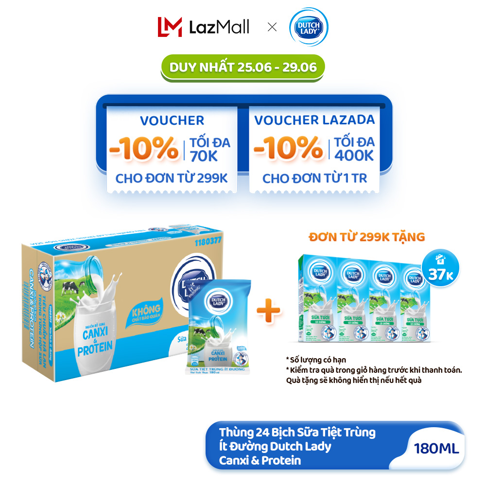 [Từ 25-29.6 TẶNG LỐC DL ĐƠN 299K] Thùng 24 Bịch Sữa Tiệt Trùng Ít Đường Dutch Lady Canxi & Protein 180ml (24x180ml)