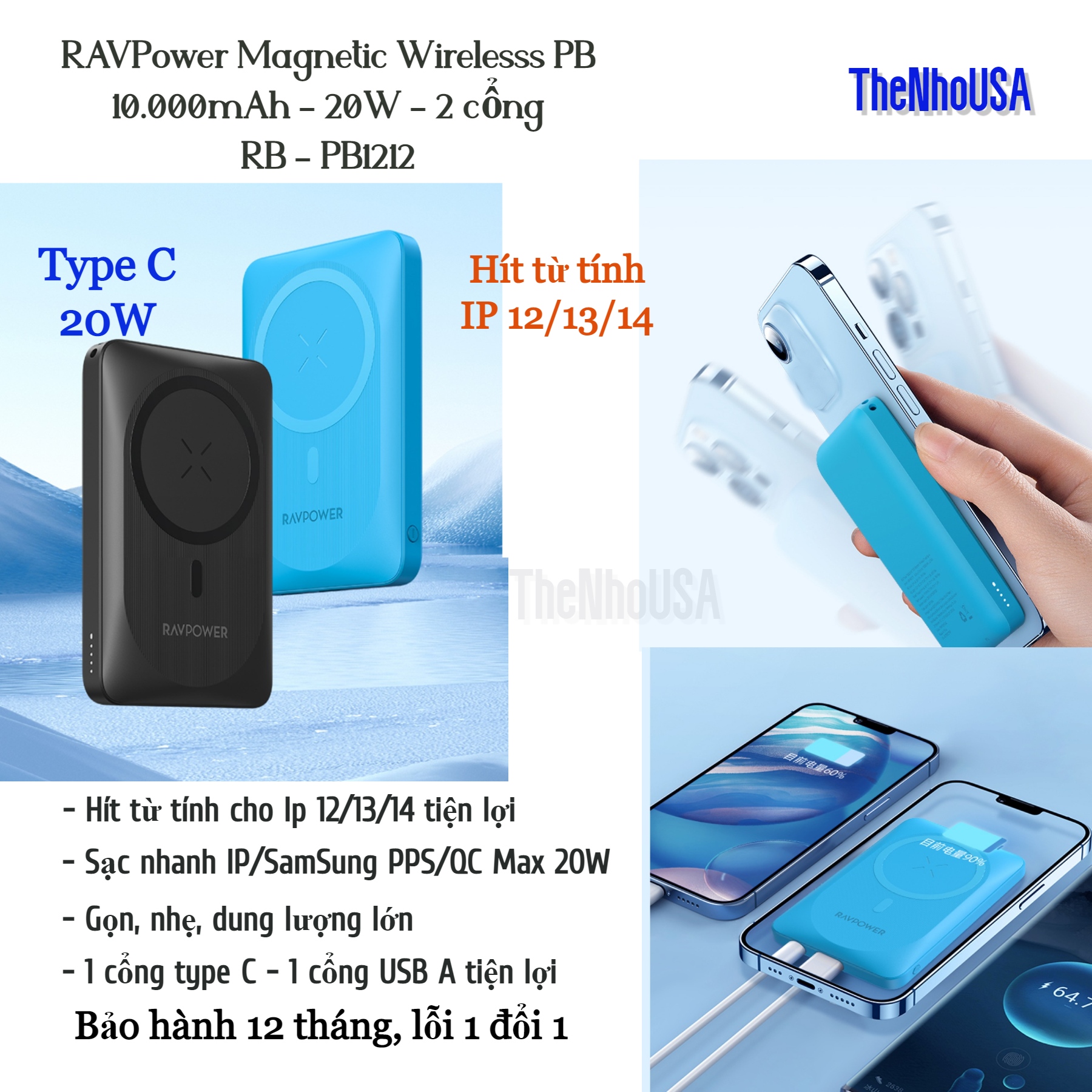 Pin dự phòng không dây RAVPower Magnetic Wireless Powerbank PD/PPS/QC - RP - PB1212 Magsafe 10.000mAh [BH 12T]