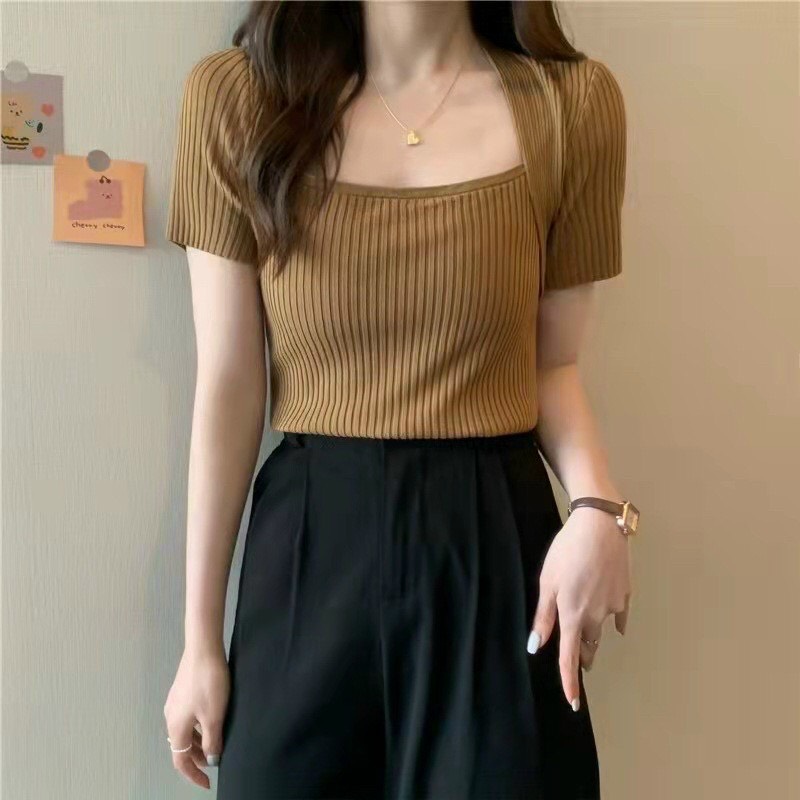 Áo croptop cổ vuông chất thun tăm cộc tay, Áo Len Hàn Quốc Nữ Dệt Kim Áo Len Nữ Tay Ngắn Basic