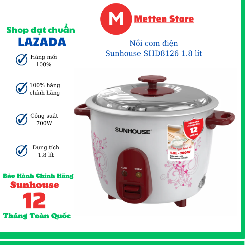  Nồi cơm điện Sunhouse SHD8126 1,8 lít  nồi cơm điện nắp rời lòng nồi nhôm anod cao cấp 700W  bảo hành 12 tháng toàn quốc 