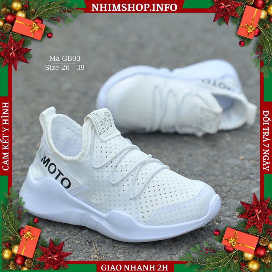 Giày thể thao bé trai bé gái màu trắng - Giày học sinh tiểu trung học GB03 siêu nhẹ, thoáng chân
