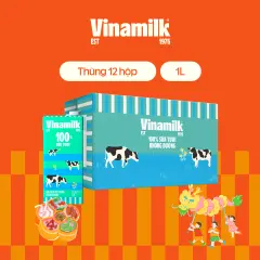 Thùng 12 Hộp Sữa tươi tiệt trùng Vinamilk 100% Không đường Hộp giấy 1L