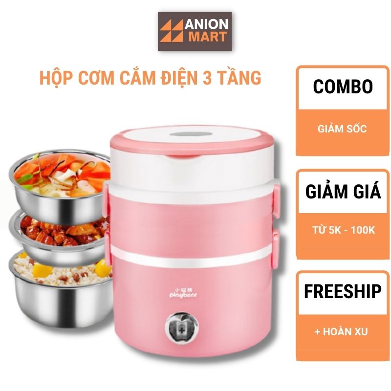 Hộp Cơm Văn Phòng Cắm Điện 3 Tầng Chính Hãng Play Bear Ruột Inox Vỏ Nhựa PPC An Toàn Không Độc Hại Cặp Lồng Ủ Cơm Làm Nóng Nhanh Tiện Lợi Cho Dân Văn Phòng – Anion Mart