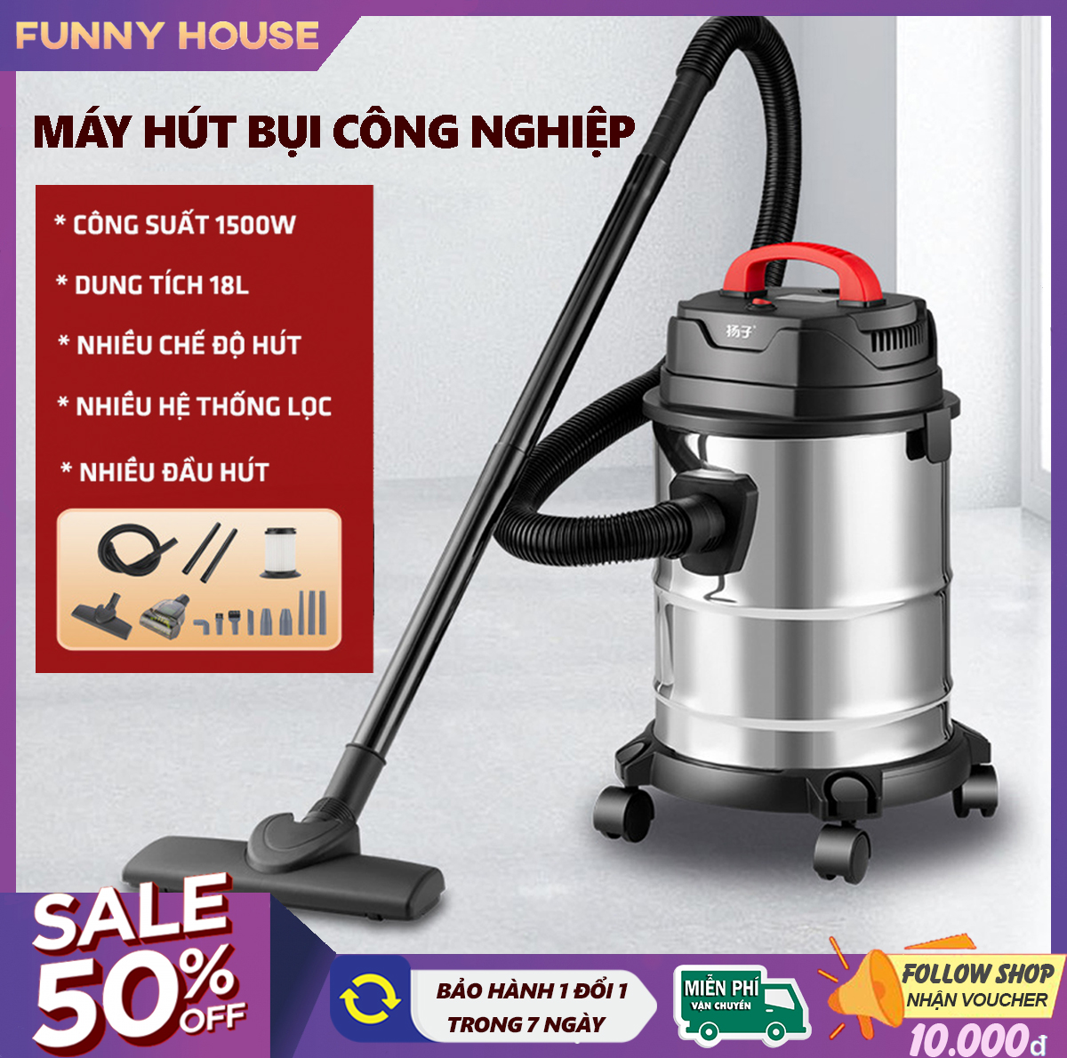 Máy hút bụi công nghiệp dung tích 18L, máy hút bụi gia đình công suất lớn 1500W tích hợp 3 chế độ Khô - Ướt - Thổi