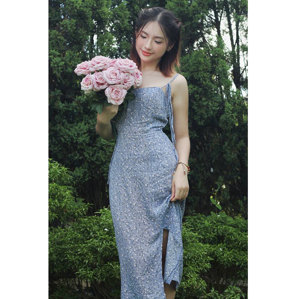 Đầm 2 dây MAYBI xẻ tà ôm màu xanh in họa tiết
