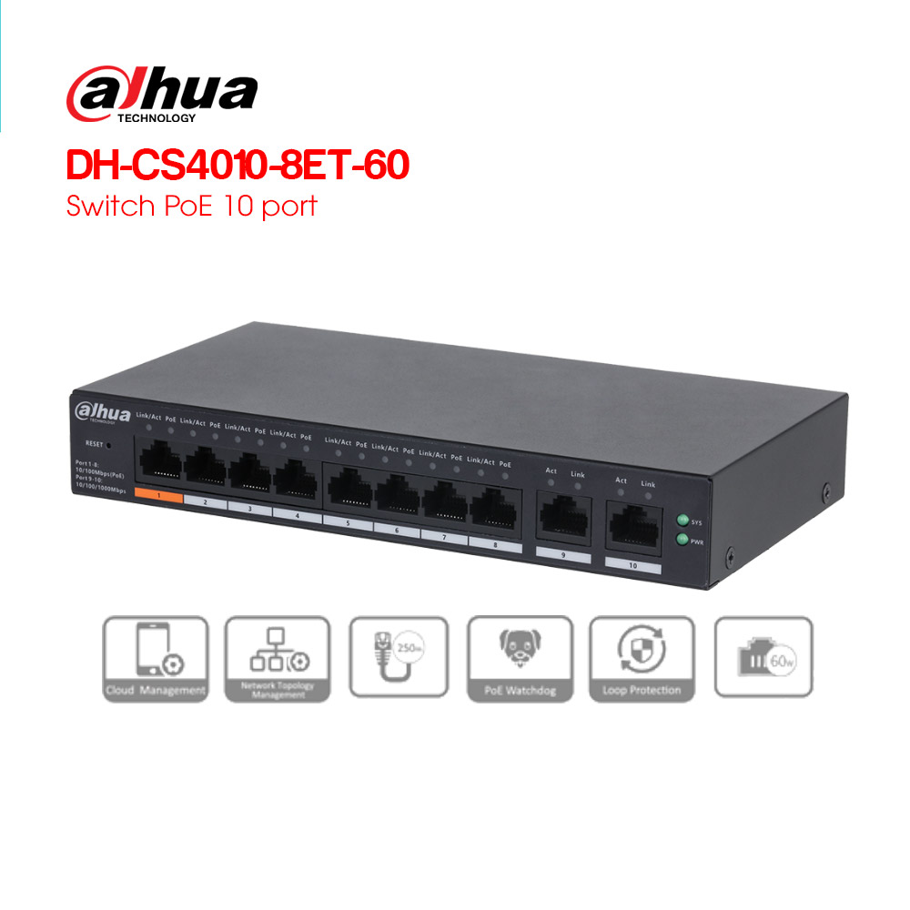 Bộ chuyển đổi cấp nguồn 8 cổng switch poe dh-cs4010-8et-60 8 cổng, dành cho hệ thống camera ip