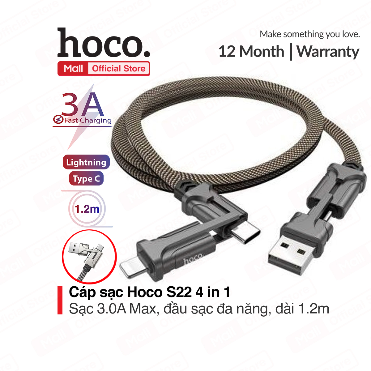 Cáp sạc Hoco S22 4 in1 sạc nhanh lên đến 3.0A Max 60W đầu sạc đa năng tháo lắp dễ dàng dây bện dù chống đứt dài 1.2m