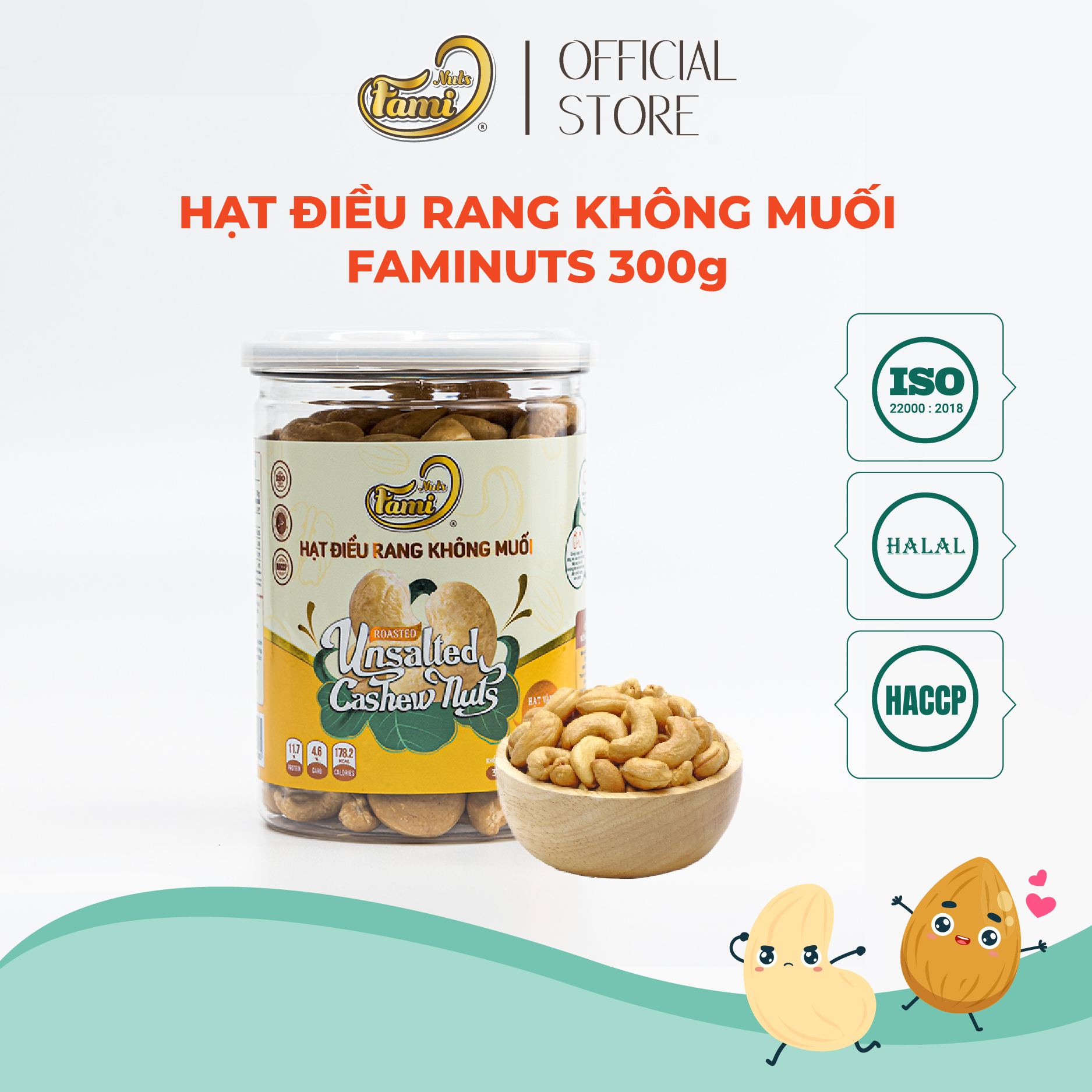 Hạt điều A Cồ rang không muối Bình Phước giàu protein vitamin Faminuts hũ 300 gr