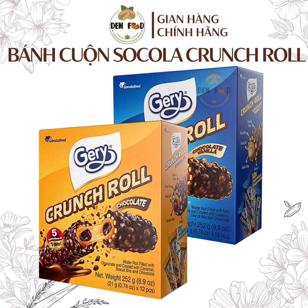 Bánh Gery Crunch Roll Chocolate & chocolate Vanilla Hộp 276g (23g x 12 thanh) - Bánh Cuộn Phủ Socola - Ăn Vặt Denfood