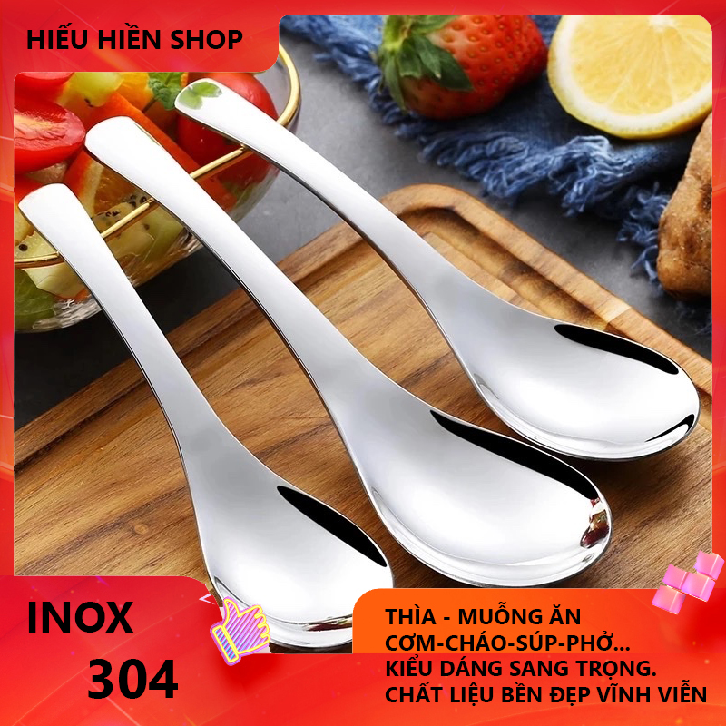 INOX 304 -BỘ 5 CÁI THÌA ĂN CƠM CHÁO PHỞ- Muỗng Thép Không Rỉ (bao test nam châm) Sáng Bóng Trọn Đời