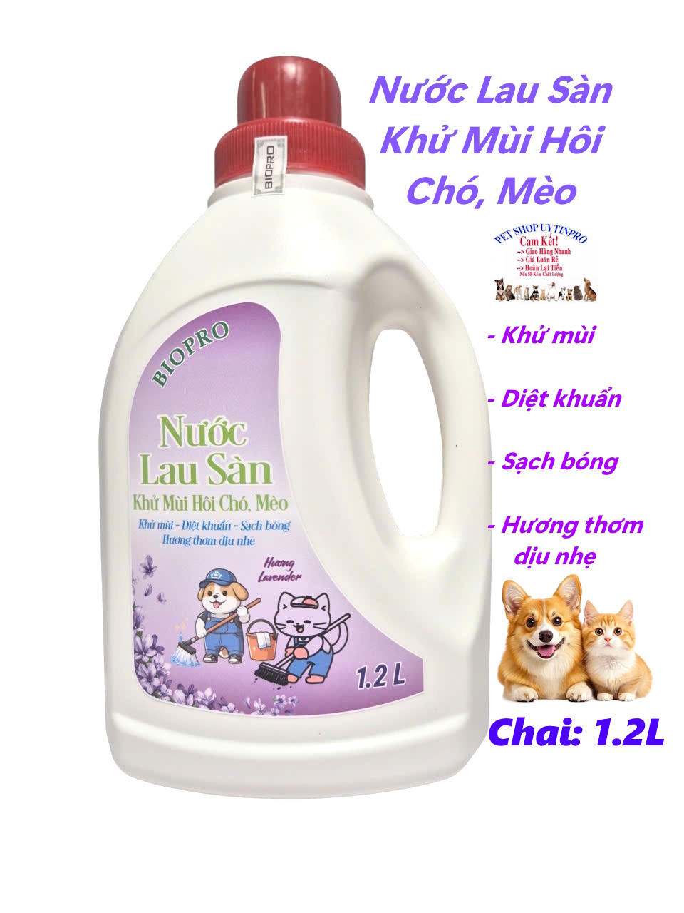 Nước lau sàn khử mùi hôi Chó Mèo Biopro Hương Lavender chai 1.2L Giúp Sàn sạch bóng Khử mùi hôi Diệt khuẩn nhanh chóng