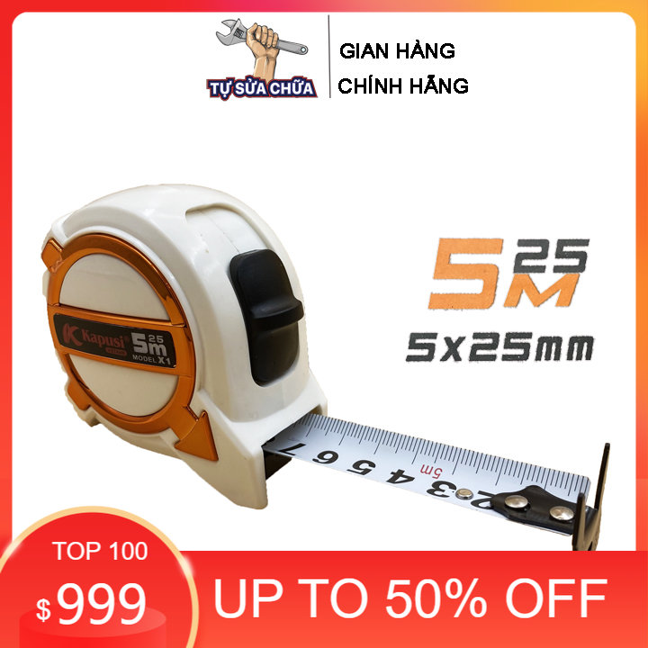 Thước rút, Thước cuộn 2 mặt Kapusi Nhật Bản dài 5m bản rộng 25mm màu trắng nhựa chống vỡ có lỗ ban phong thủy, thuoc cuon, thuoc rut, thước kéo