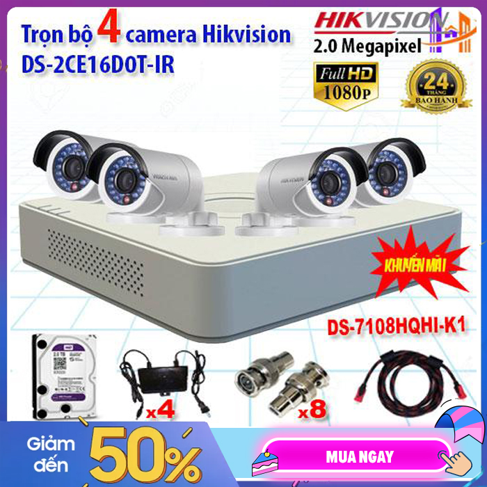 Trọn bộ 4 camera hikvision ds-2ce16d0t-irp + ds-7108hqhi-k1 - camera toàn cầu