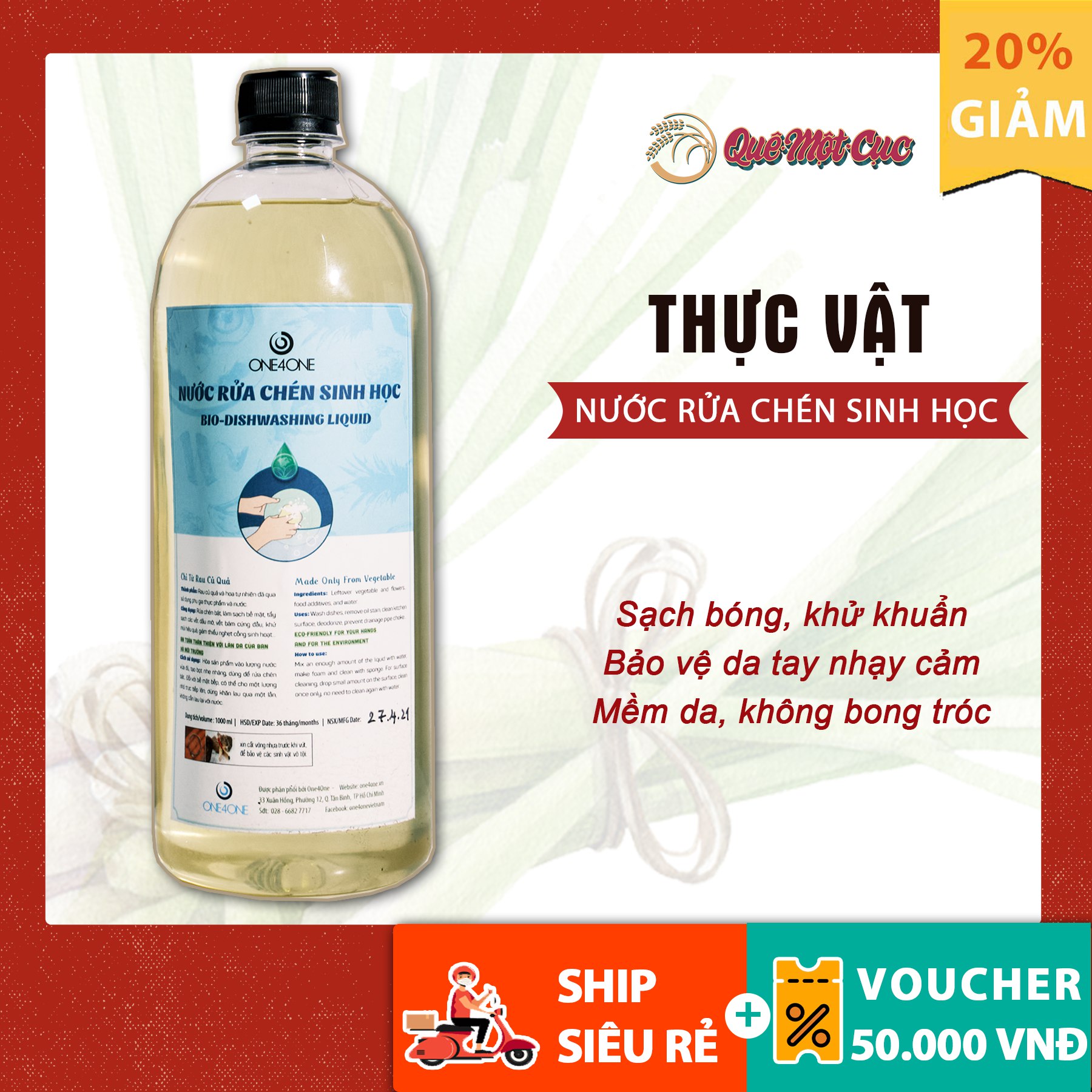 Nước rửa chén sinh học (có ưu đãi), nước rửa chén hữu cơ, gốc thực vật Quê Một Cục, 1 lít