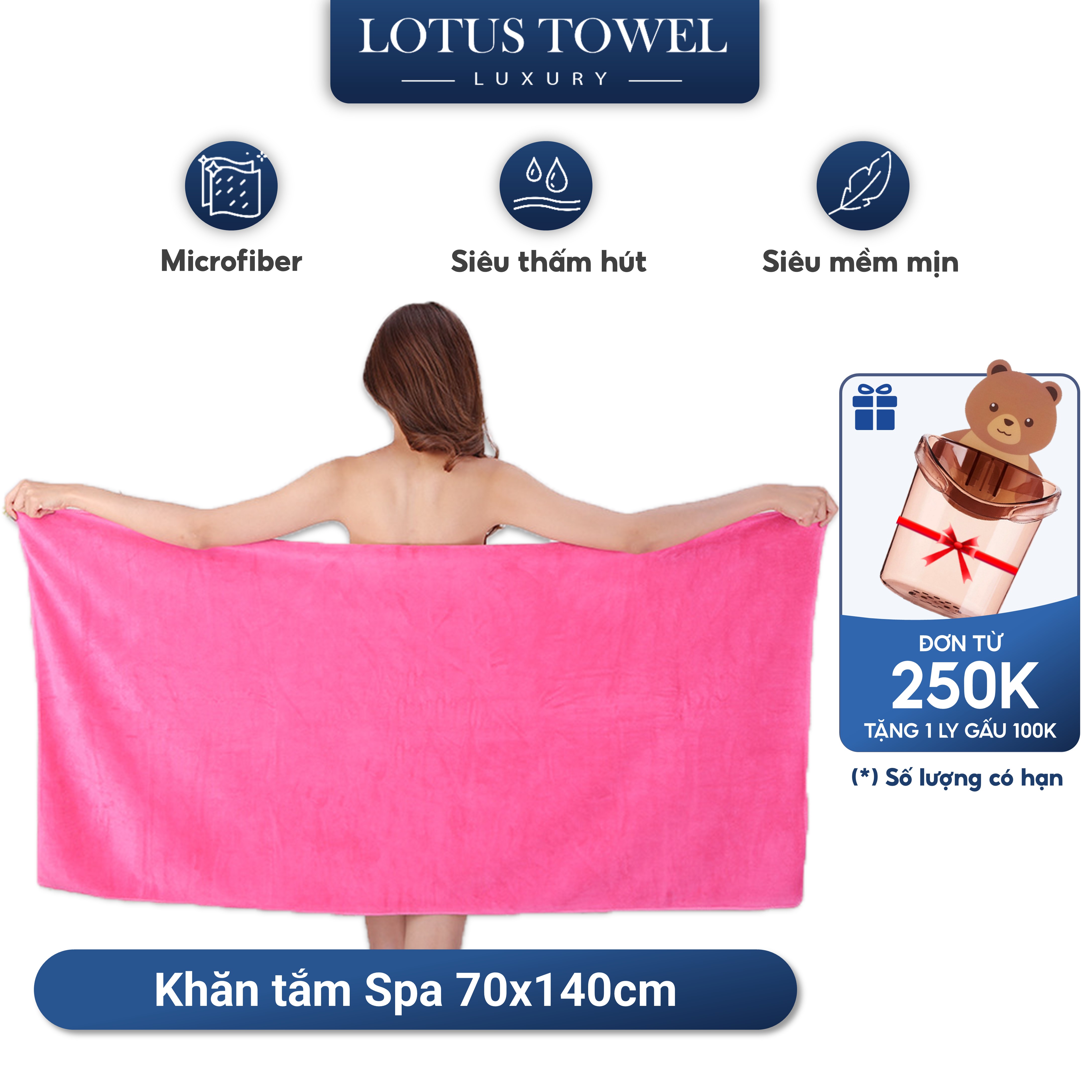 Khăn tắm SPA 70x140cm, 100% MICROFIBER, siêu mềm mịn, thấm hút, dày dặn - LOTUS TOWEL