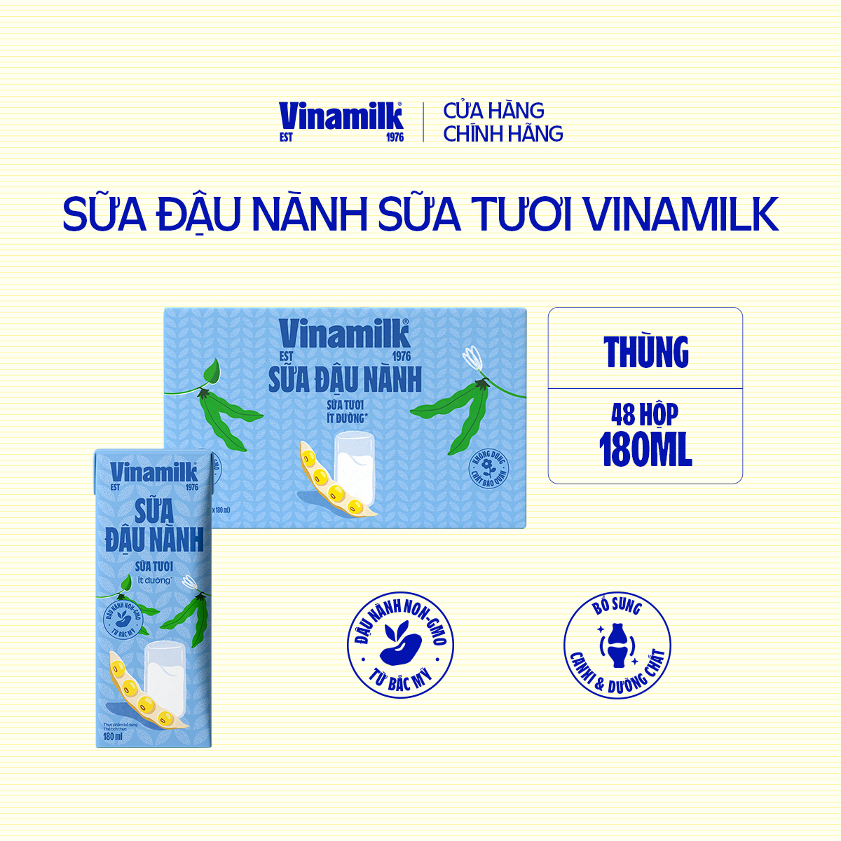 Thùng Sữa đậu nành  SữaTươi Ít Đường Vinamilk 180ml - 48 hộp/Thùng