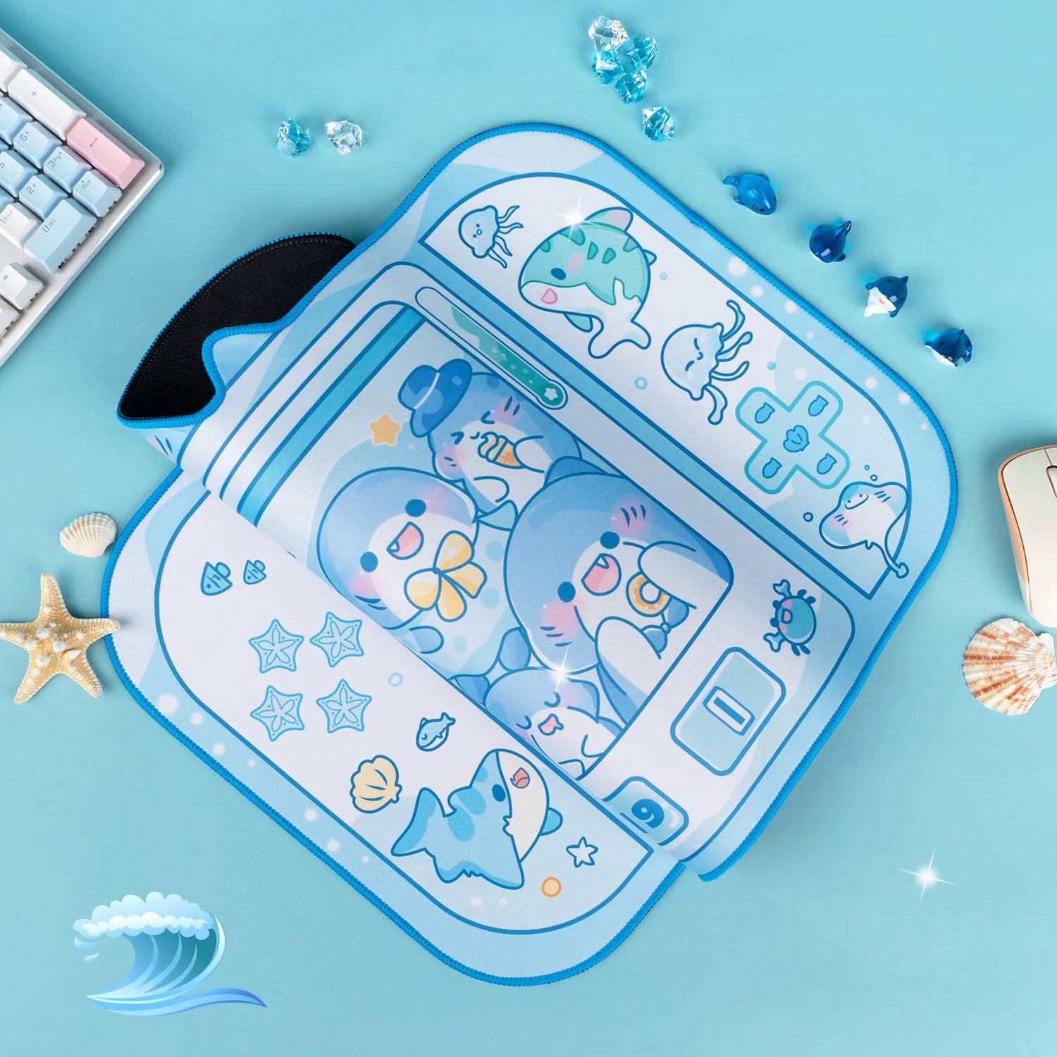 Thảm chơi Game cao su hoạt hình exca rộng, Cá Mập Xanh da trời dễ thương, polyme văn phòng lớn, không thấm nước, không báo trước, phụ kiện Bàn máy tính xác
