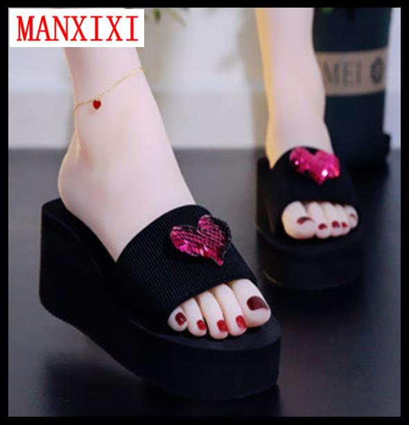 MANXIXI Brand Beautiful Flat Slippers 2.36 Inches Wedge Sandals Love Inlay