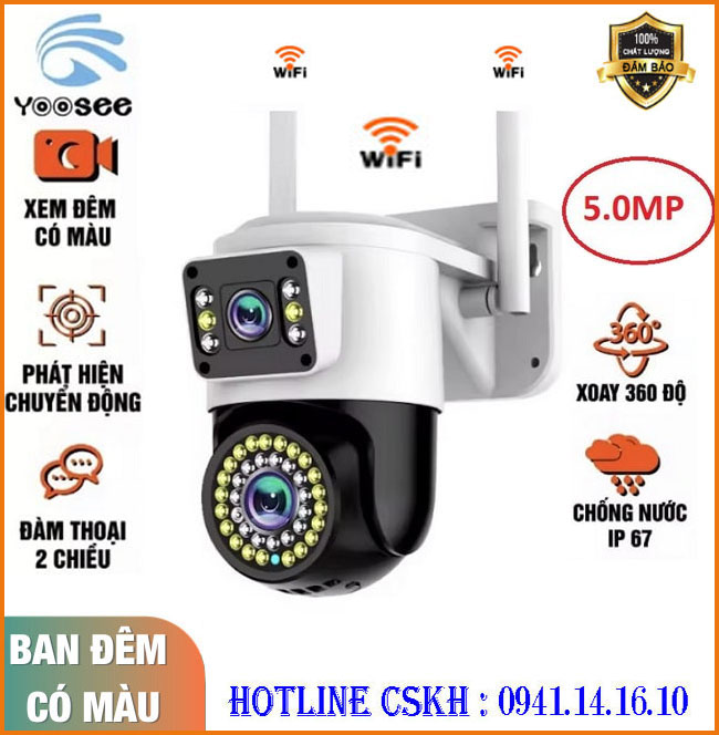 Camera YooSee 2 mắt - chuẩn 5.0mpx siêu nét góc rộng, ban đêm xem có màu, đàm thoại 2 chiều, camera kép xem cùng lúc trên 1 điện thoại xoay 355 độ