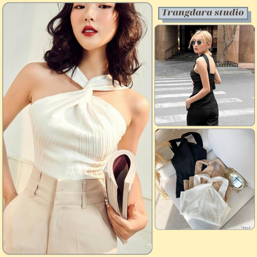 Áo nữ kiểu hàn quốc áo kiểu cổ yếm chất liệu xô gân xịn phong cách trẻ trung màu be trắng đen size s m l