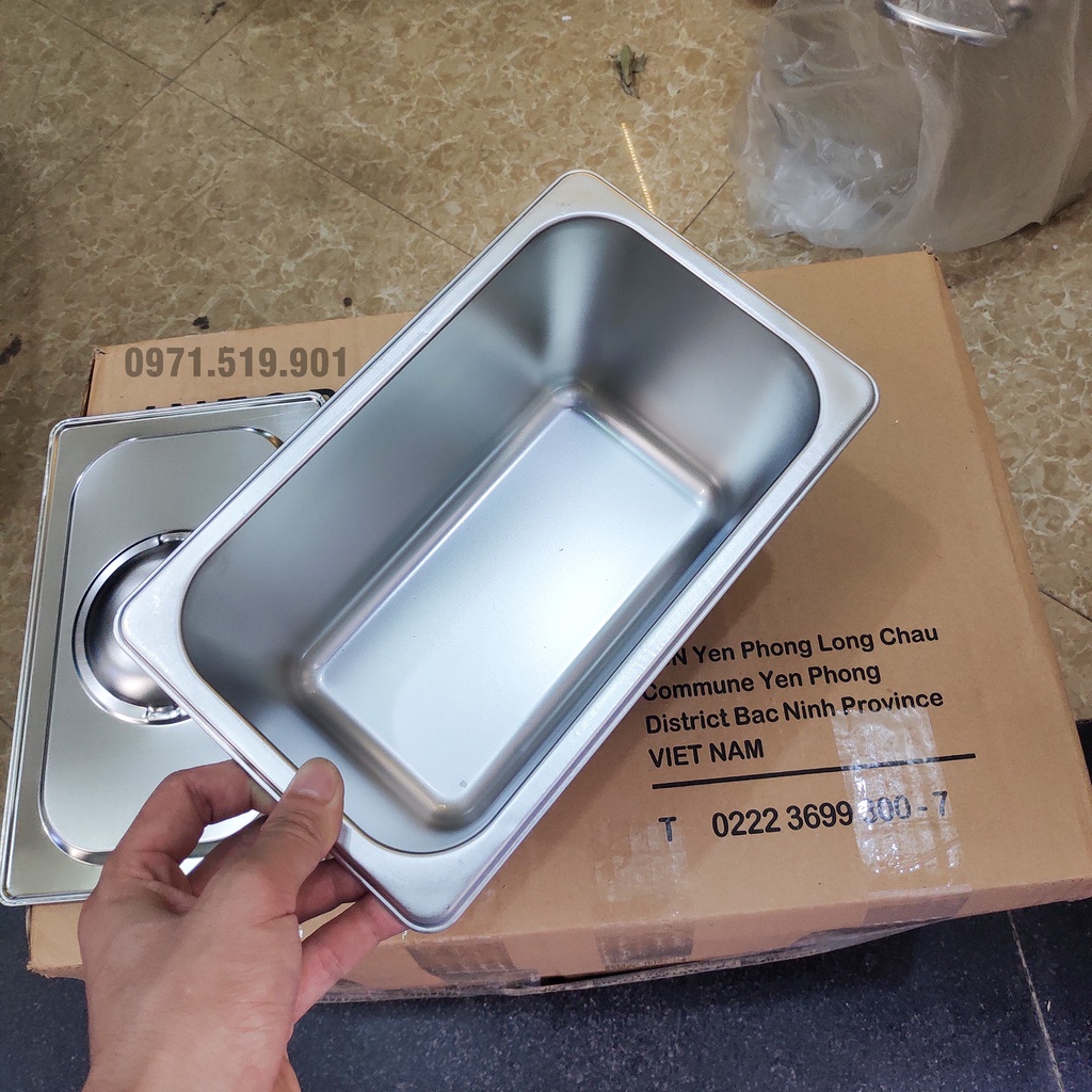 Freeship max-khay đựng thạch trà sữa inox 304 loại gn 1/4 sâu 15cm có nắp