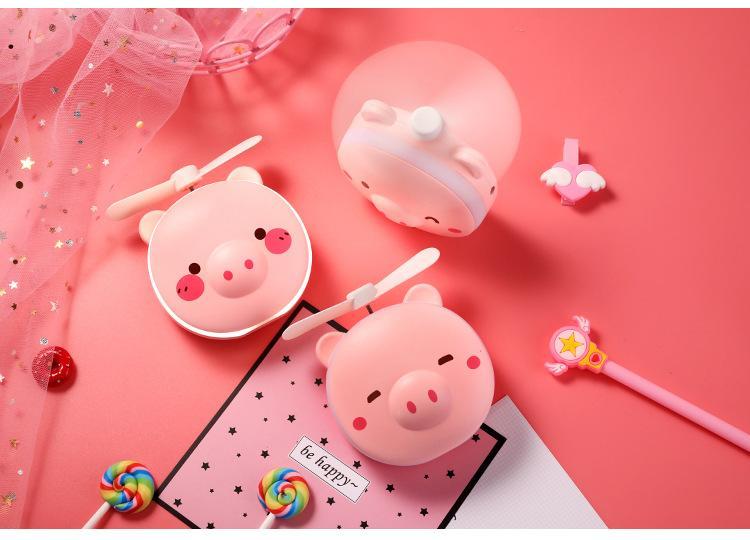 Gương đèn led có quạt hình heo, Quạt mini sạc pin kèm gương, Quạt cầm tay 3 in 1 đa năng hình thú ngộ nghĩnh, đáng yêu