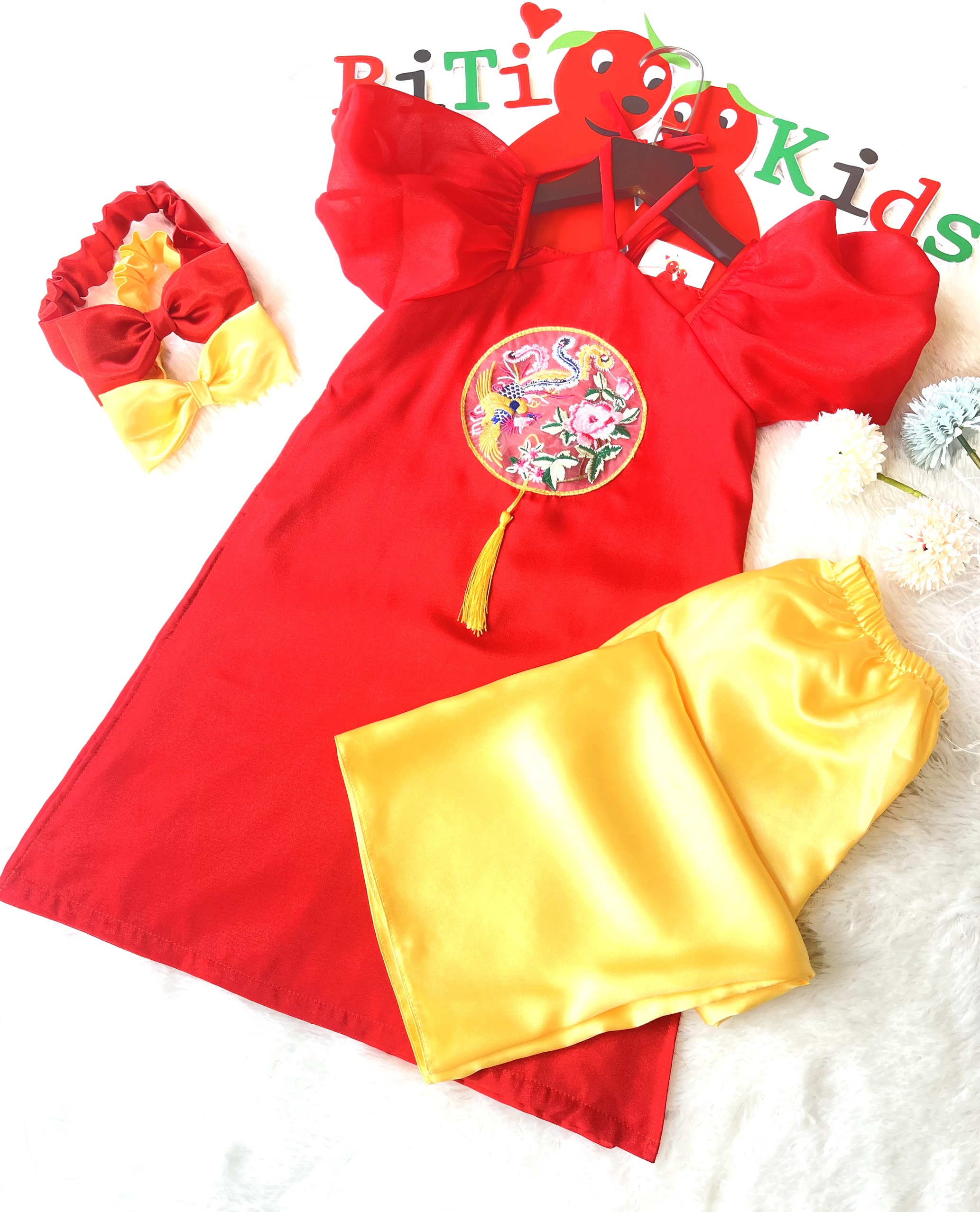 Set áo dài cách tân cho bé gái đi tết tặng 1 băng đô MINAKIDS, đỏ và vàng 0 đến 8 tuổi - 3