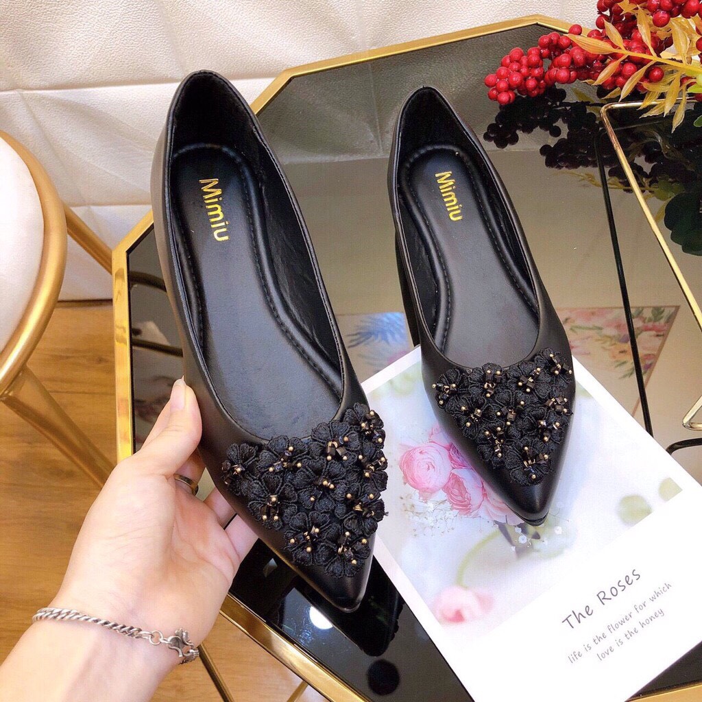 Giày búp bê nữ, giày sục nữ thời trang mũi nhọn đế bằng mang êm chân form chuẩn size màu đen
