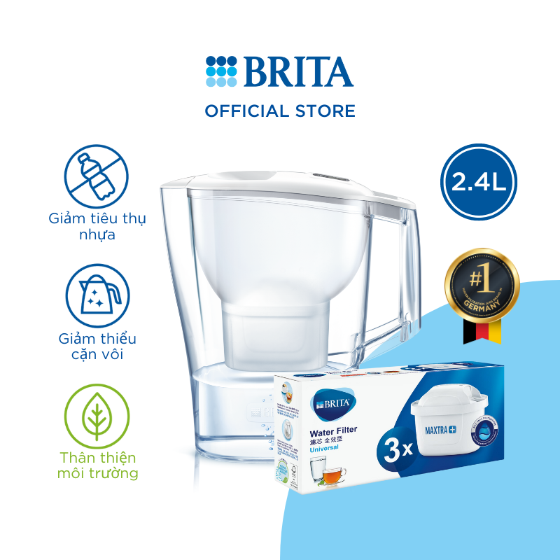 Combo bình lọc nước brita aluna white kèm hộp 3 lõi lọc brita maxtra plus - hàng chính hãng