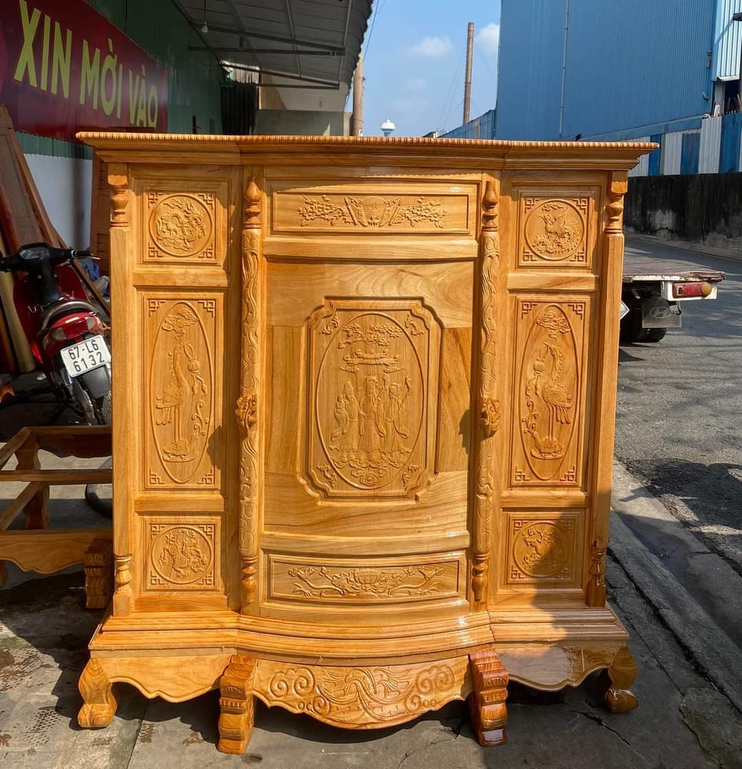Tủ thờ gia tiên gỗ gõ  100% chạm Phúc Lộc Thọ ngang 1m46 (FREESHIP 70 KM )