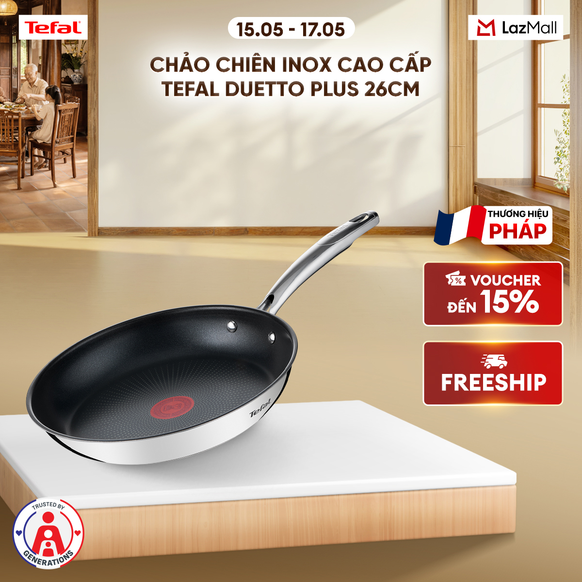 Chảo chiên Inox 18/10 cao cấp Tefal Duetto Plus 26cm